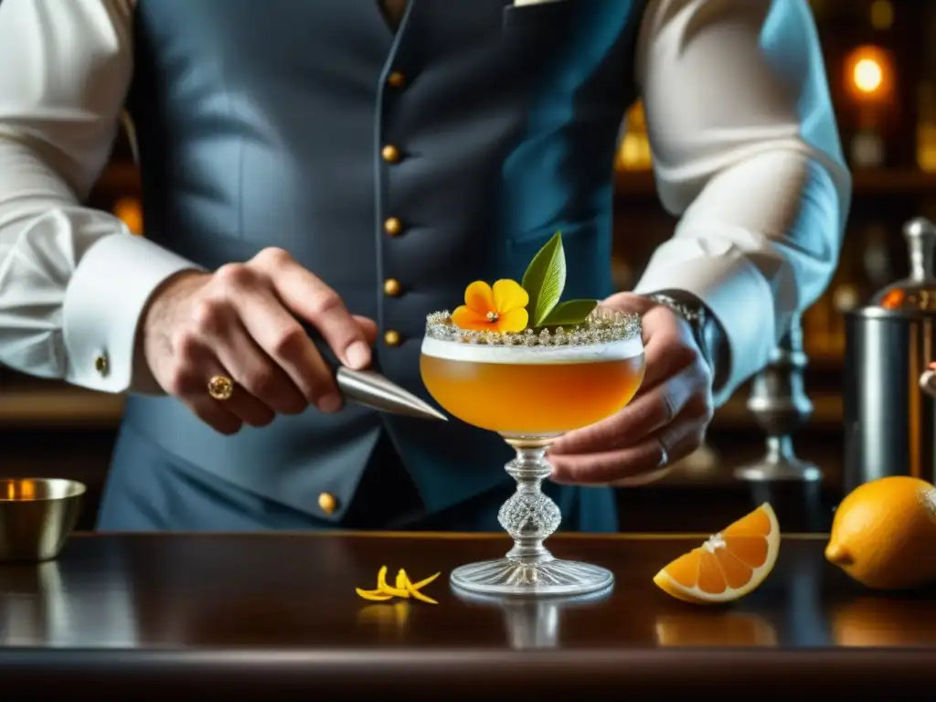 Maestría histórica: Bartender preparando coctel renacentista Un barman del Renacimiento prepara un cóctel con técnicas olvidadas, decorando con elegancia