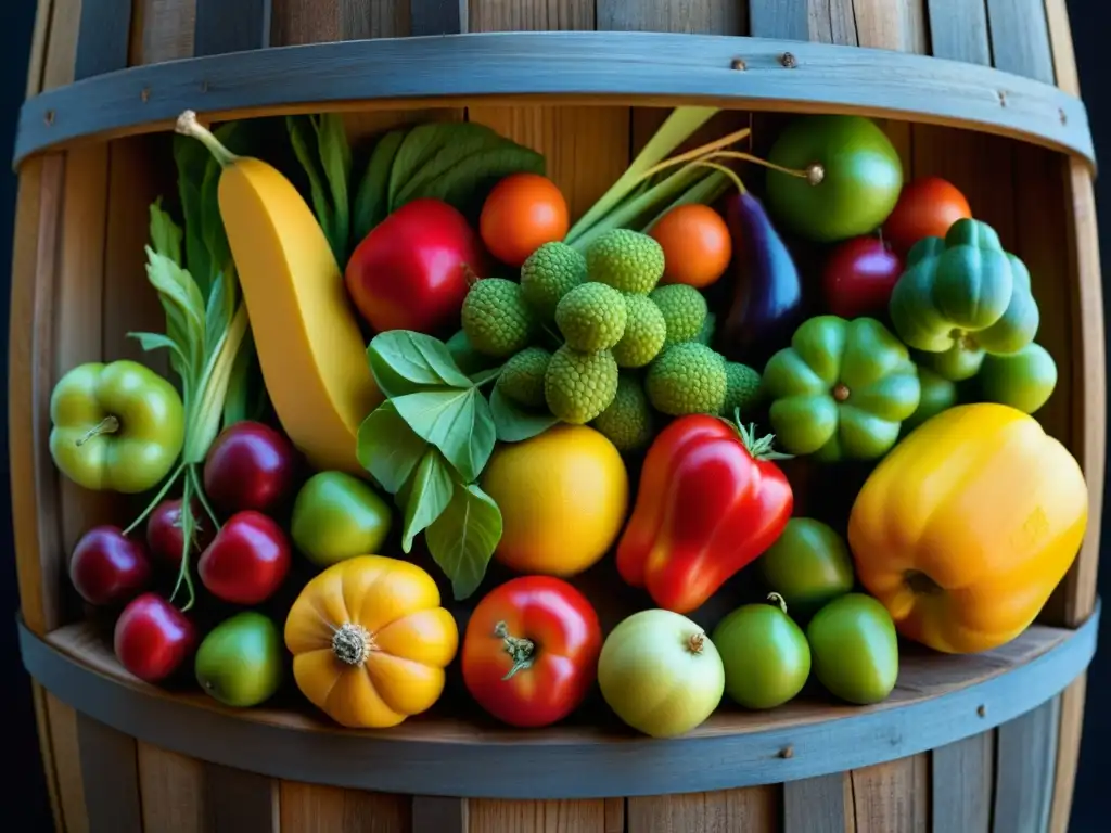 Un barril de madera antiguo lleno de frutas y verduras, muestra la conservación de alimentos