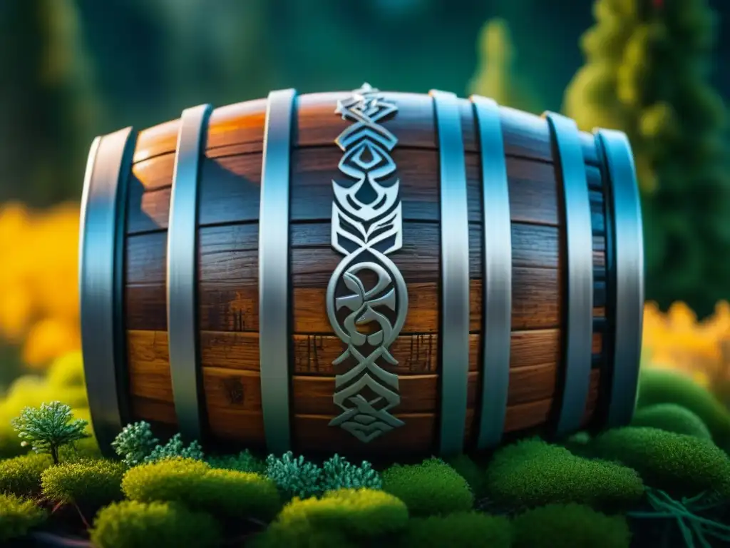 Un barril de madera envejecido con tallados nórdicos y runas, rodeado de ingredientes para recetas de cerveza vikinga histórica