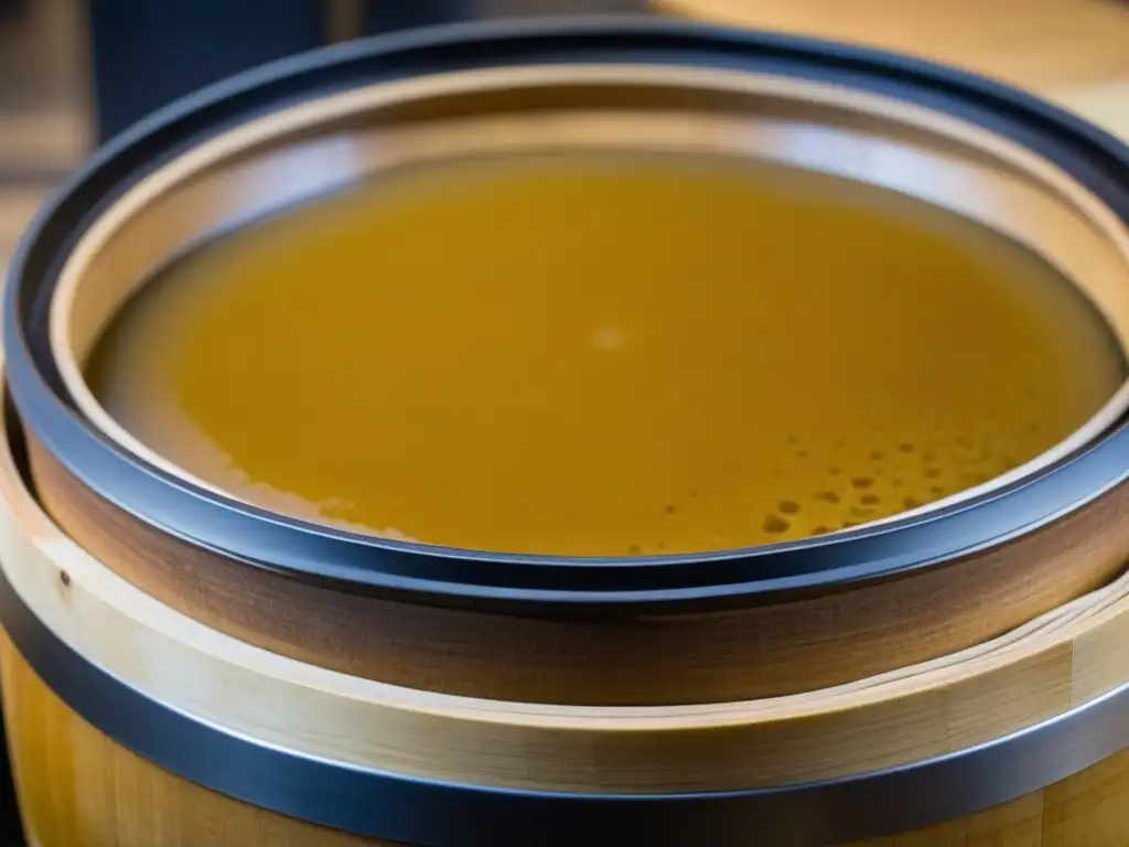 Un barril de madera lleno de pasta de miso fermentando, con tonos ricos y burbujas en la superficie