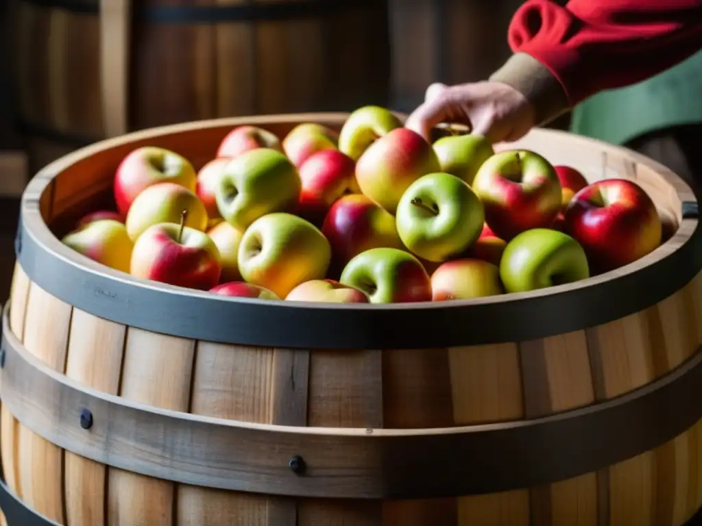 Cosecha de manzanas para hacer sidra escandinava artesanal El barril de madera se llena con manzanas para hacer sidra escandinava, evocando tradición y artesanía
