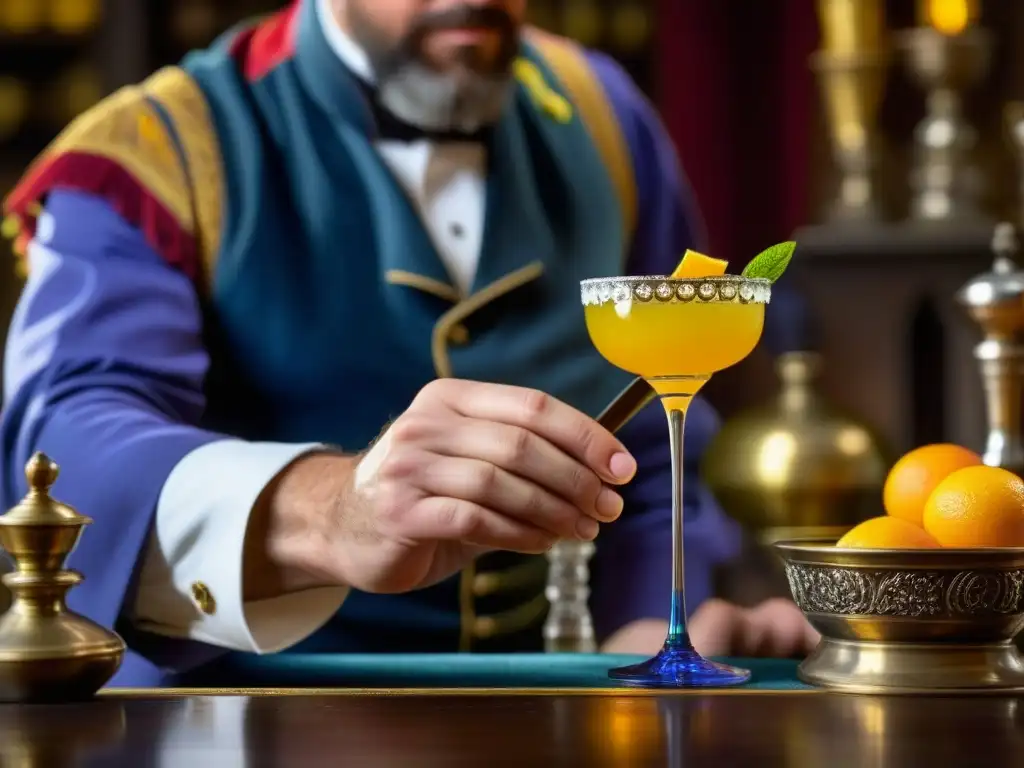 Un bartender renacentista preparando un cóctel vibrante en vidrio antiguo