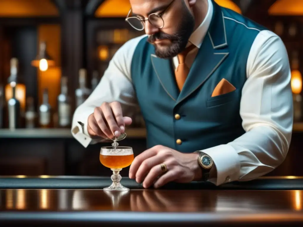 El bartender prepara con elegancia un cóctel clásico de la época de la Prohibición, mezclando ingredientes en vidrio vintage