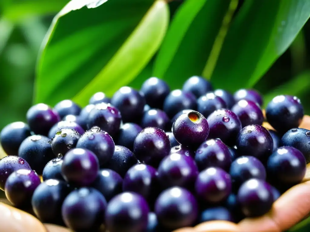 Bayas de açaí púrpuras brillantes de la Amazonía, listas para la cocina moderna con ingredientes exóticos