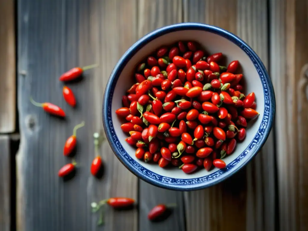 Delicias rojas: Goji berries en cuenco chino Bayas de goji rojas y brillantes en cuenco chino sobre mesa de madera
