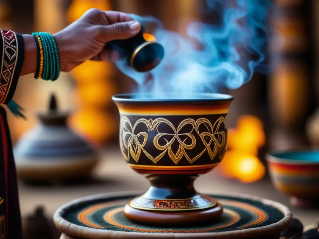 Ritual chamánico: taza ceremonial ancestral y chamán en acción Bebida ancestral en ceremonia chamánica: taza decorada y humeante, ritual místico