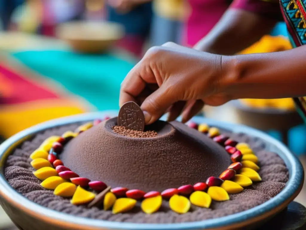 Preparación de bebida azteca con cacao, chiles y miel en mercado colorido