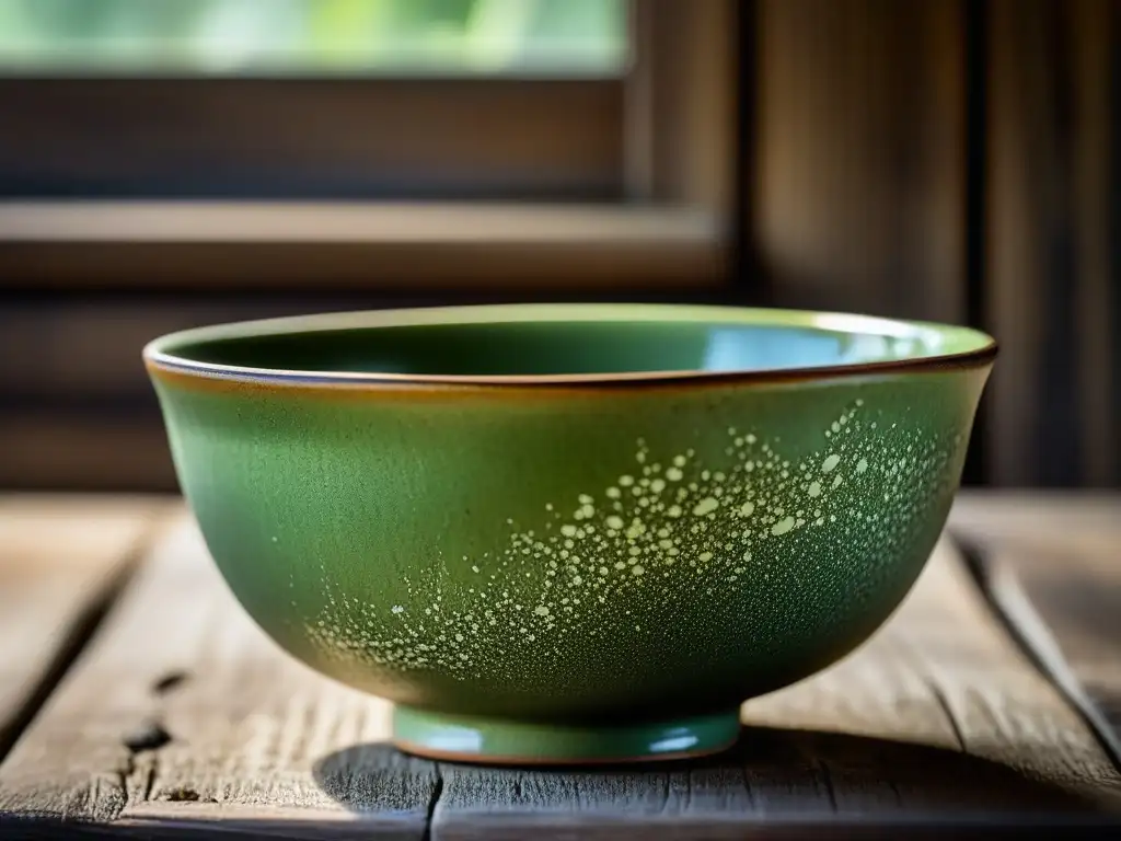 Bol de cerámica con grietas y té verde seco en mesa rústica Bello cuenco de cerámica con grietas, restos de té verde y luz natural