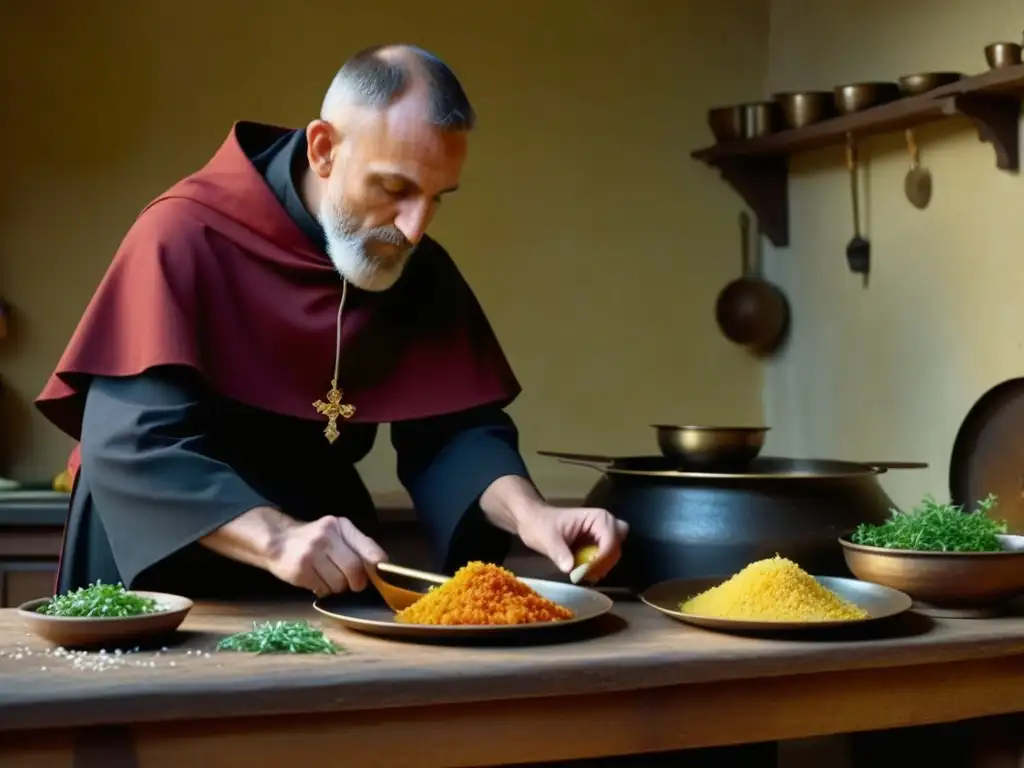 Monje benedictino preparando un festín en la cocina del monasterio medieval