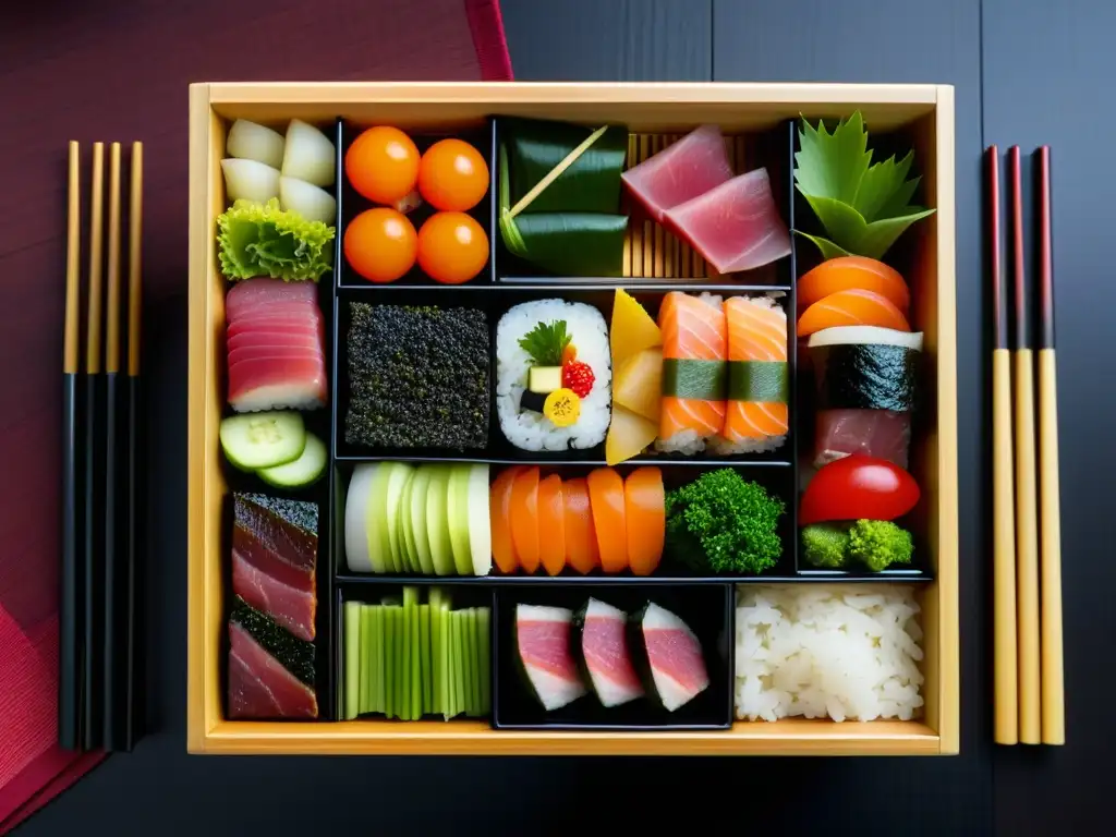 Un bento samurái japonés detallado, con sushi, sashimi y vegetales en un estuche de madera, destaca en la cultura culinaria samurái de Japón