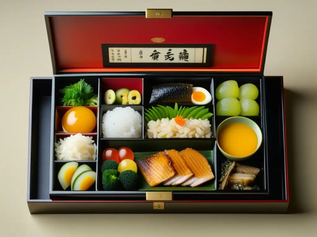 Un bento japonés detallado con la nutrición samurái en Kamakura: arroz, vegetales encurtidos, pescado a la parrilla y sopa de miso