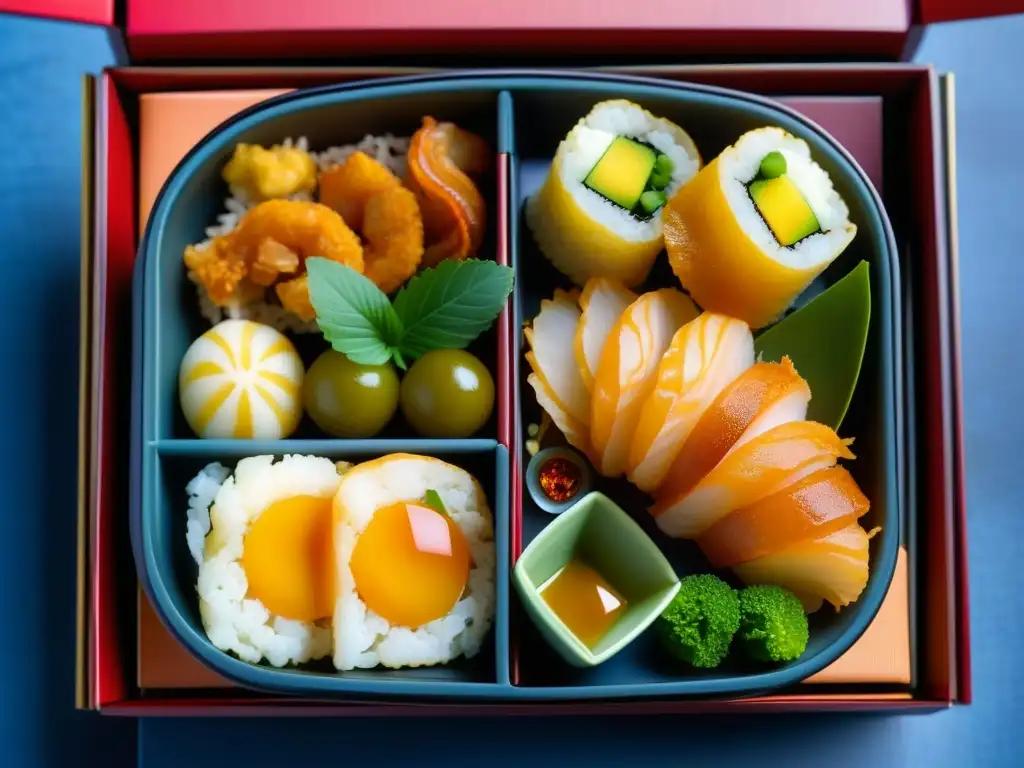 Un bento japonés con fusión de platos portugueses en detalle