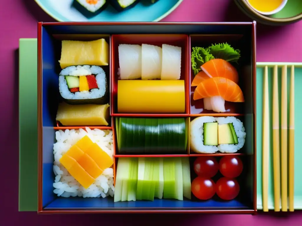 Un bento japonés con ingredientes artísticamente dispuestos