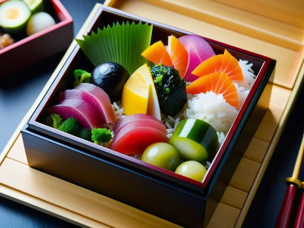 Un bento japonés con ingredientes frescos y coloridos, reflejando la dieta guerrera era samurái