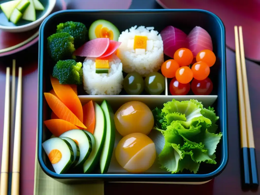 Un bento japonés tradicional con ingredientes coloridos y armoniosos, inspirado en la dieta japonesa Edo sostenible