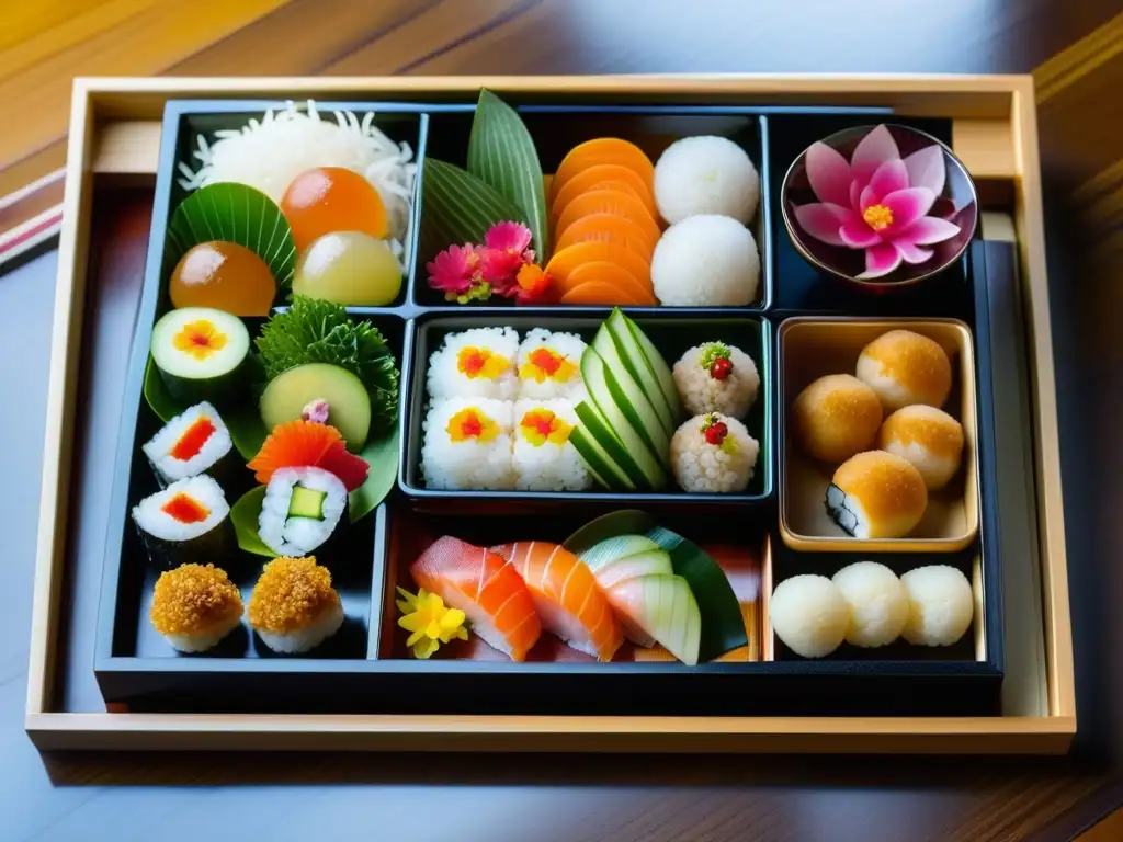 Un bento japonés tradicional meticulosamente preparado, mostrando la precisión y arte culinario samurái en Kamakura