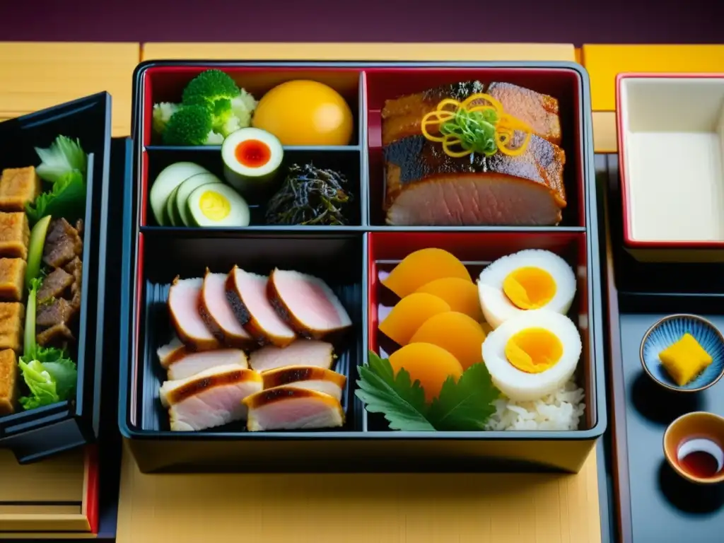 Un bento japonés tradicional con recetas históricas de cerdo y aves, resaltando la artesanía culinaria samurái