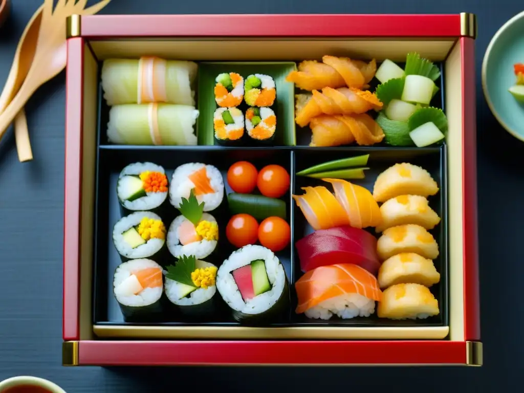 Exquisita artesanía culinaria samurái en un bento japonés Un bento japonés tradicional con sushi, sashimi, verduras encurtidas y tempura, mostrando la precisión y arte culinario samurái