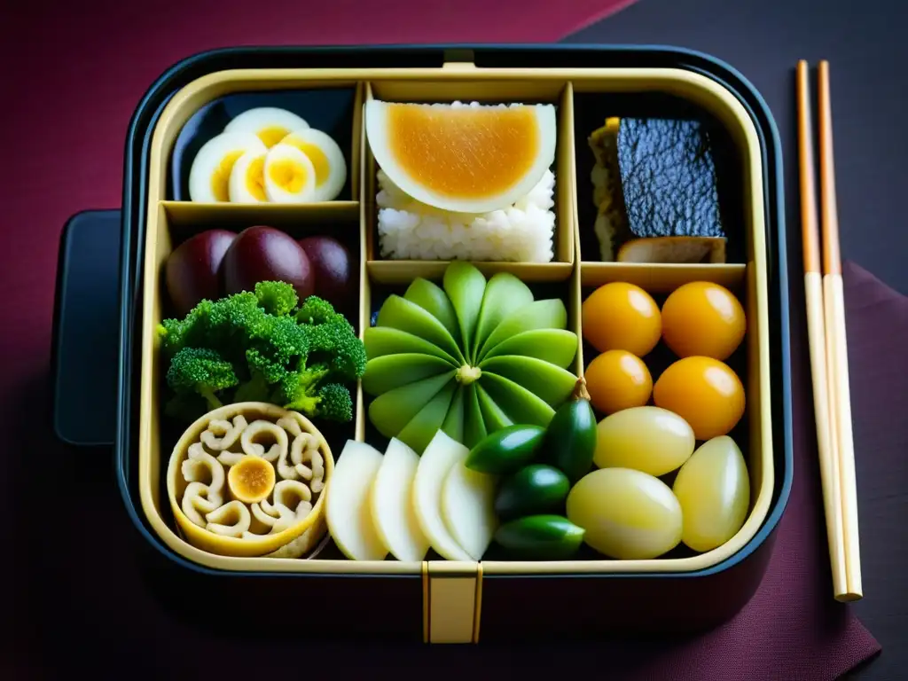 Un bento samurái con vegetales históricos meticulosamente dispuestos, evocando la dieta samurái vegetales históricos