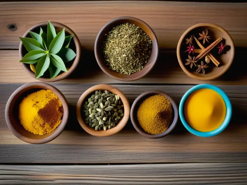 Alimentación ayurveda para bienestar moderno: Detalle vibrante de hierbas y especias coloridas en cuencos sobre madera rústica