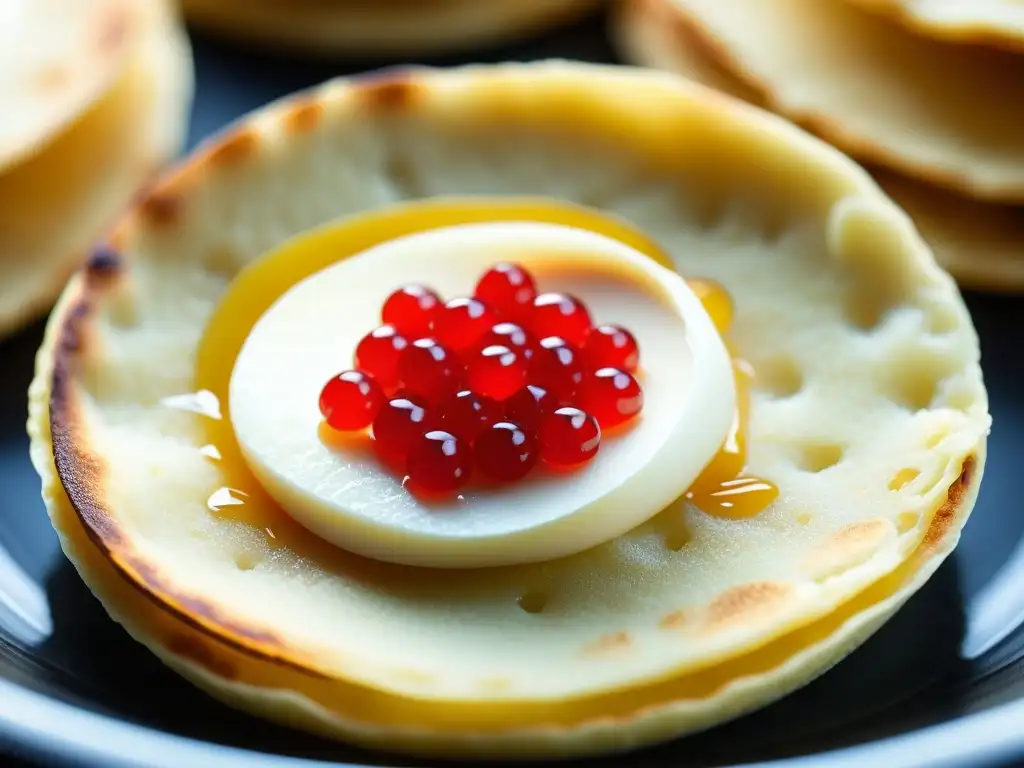 Un blini recién cocinado con crème fraîche y caviar rojo, fusionando influencias francesas en un entorno ruso tradicional