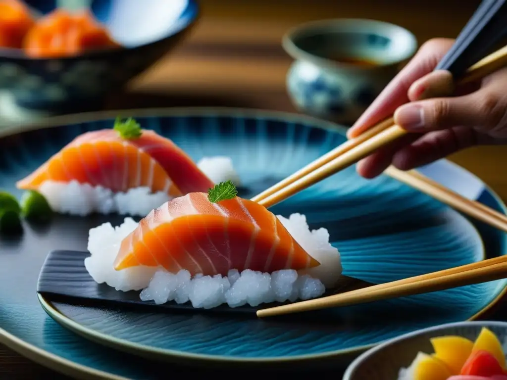 Un bocado exquisito: sashimi fresco sobre hielo, palillos y vajilla japonesa