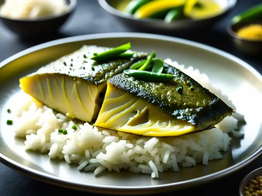 Un bocado de historia: Bhapa Ilish plato bengalí, pescado cocido perfectamente con semillas de mostaza y chiles verdes sobre arroz basmati fragante