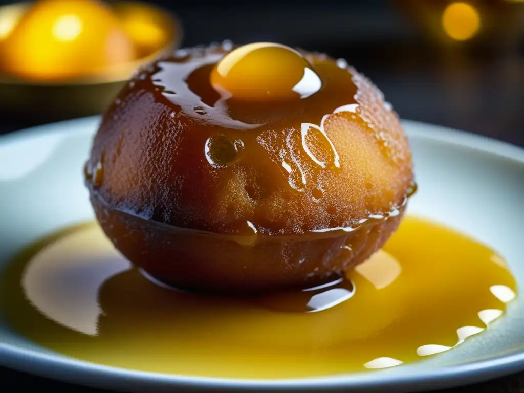 Un bocado de historia y dulzura: Detalle de un exquisito Gulab Jamun, postre tradicional del sur de Asia