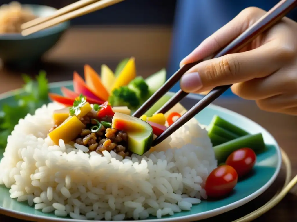 Un bocado de perfección: manos expertas disfrutan del preciso arte de comer chop suey en la gastronomía