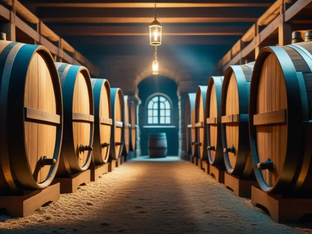 Una bodega antigua con barricas de roble y sombras, evoca la evolución histórica vinos licores