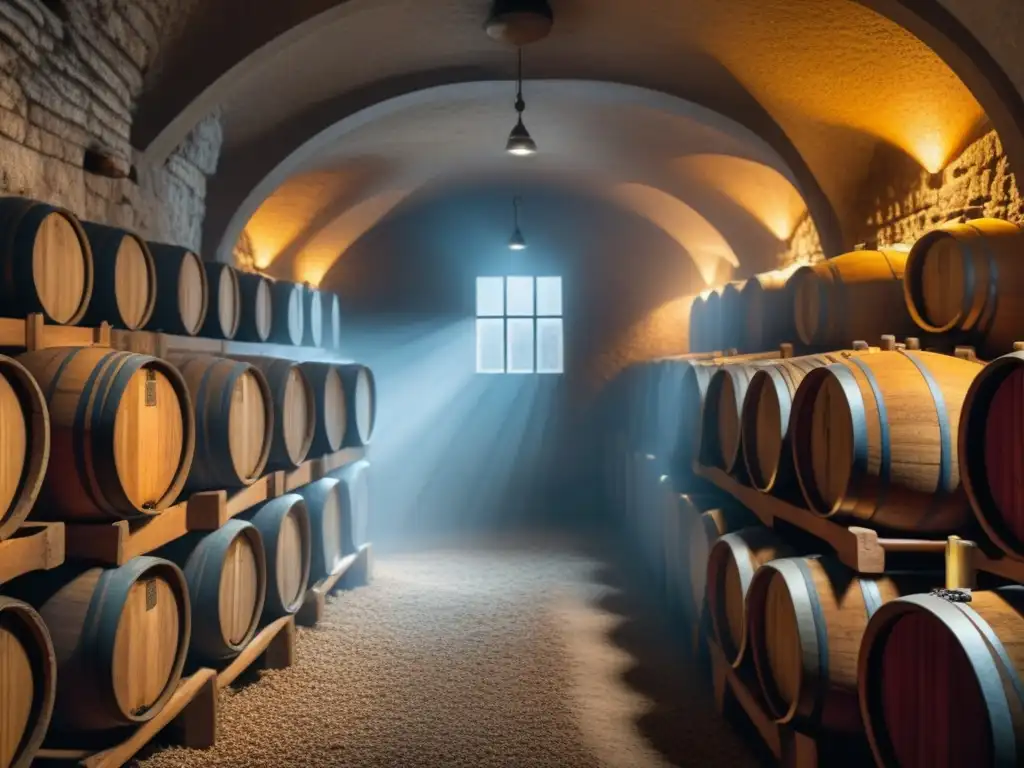 Una bodega histórica y tradicional iluminada por luz dorada, repleta de barricas de roble cubiertas de polvo y telarañas