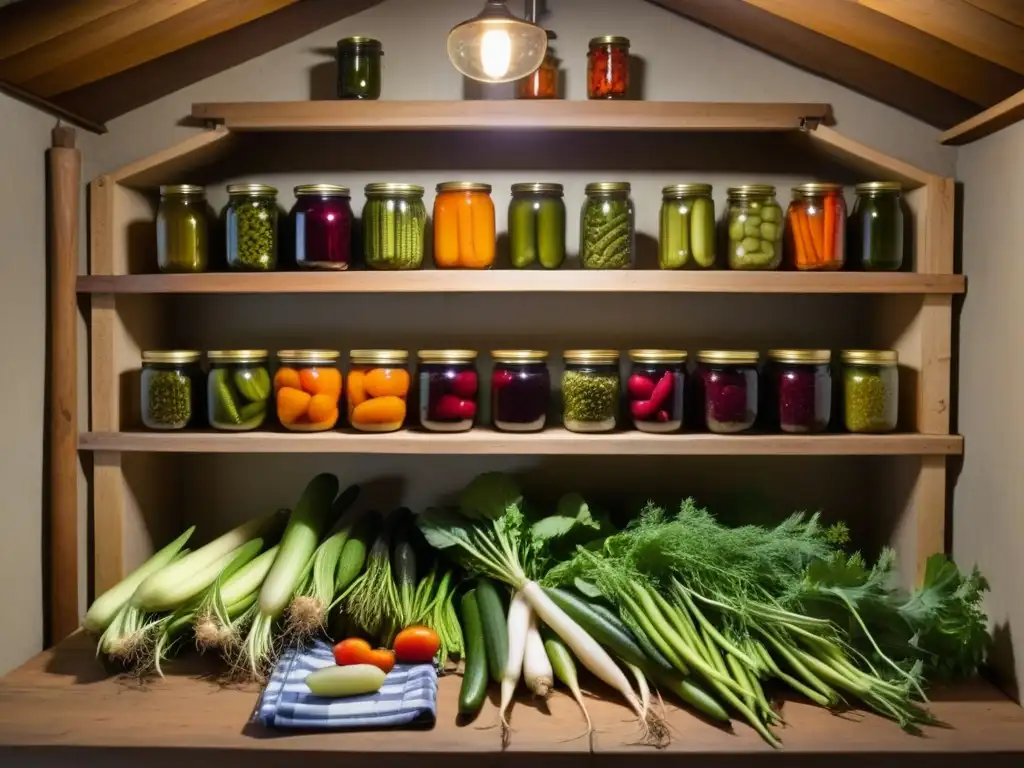 Una bodega rústica llena de vegetales conservados, resalta la historia de la conservación de alimentos