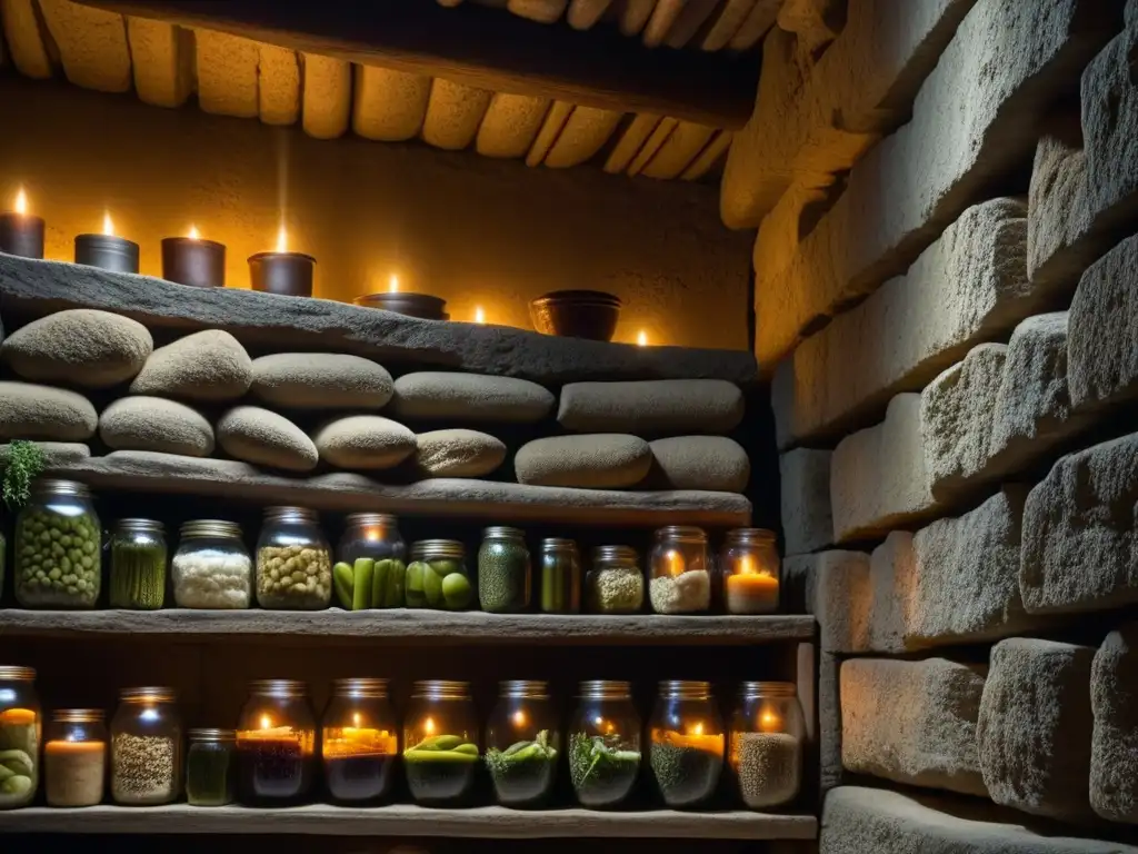 Bodega subterránea para conservación de alimentos, iluminada por una vela, resaltando la historia y tradición