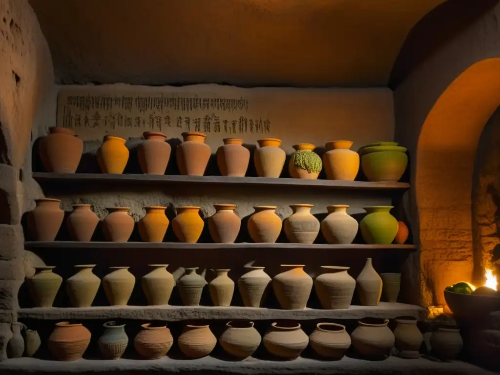 Una bodega subterránea antigua muestra la conservación de alimentos con clay pots y antorchas, revelando historia y almacenamiento subterráneo