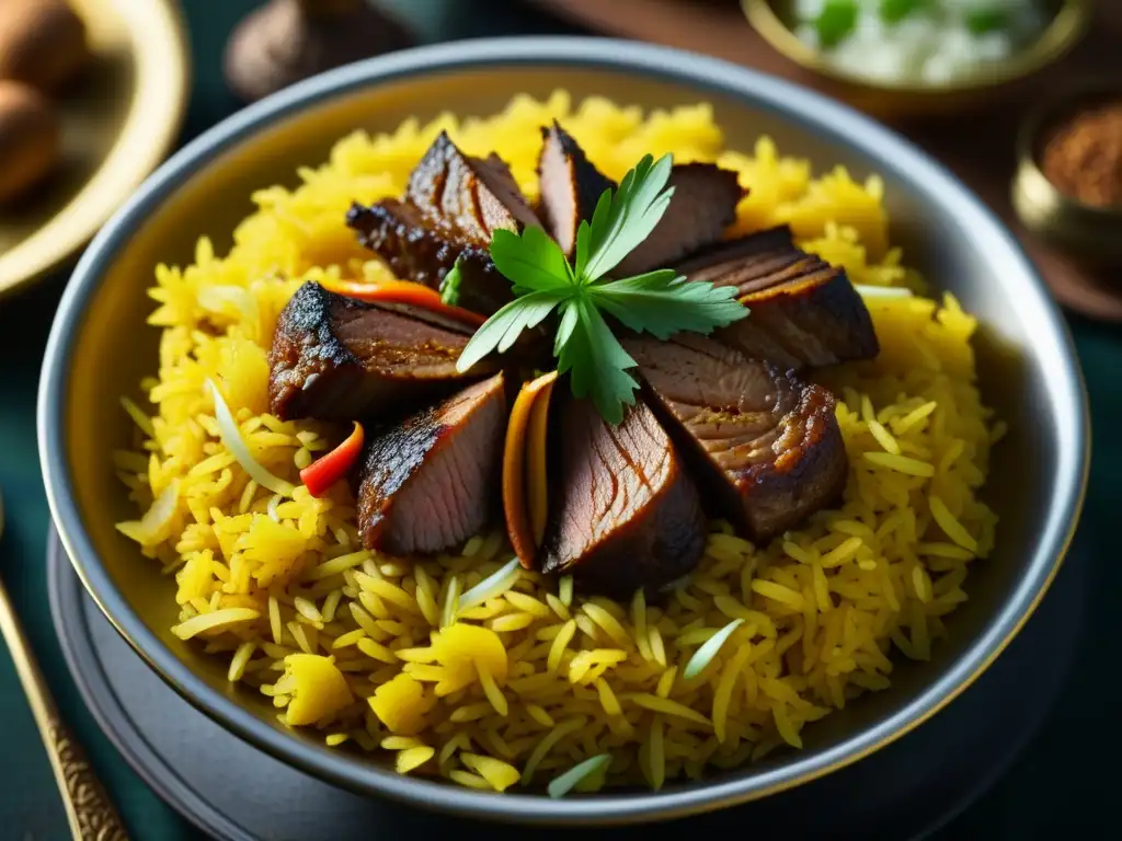 Delicioso Biryani Mughal: arroz y especias en detalle Un bodegón detallado de arroz Biryani fragante y húmedo con especias, carne y hierbas frescas, evocando la Historia Biryani Era Mughal