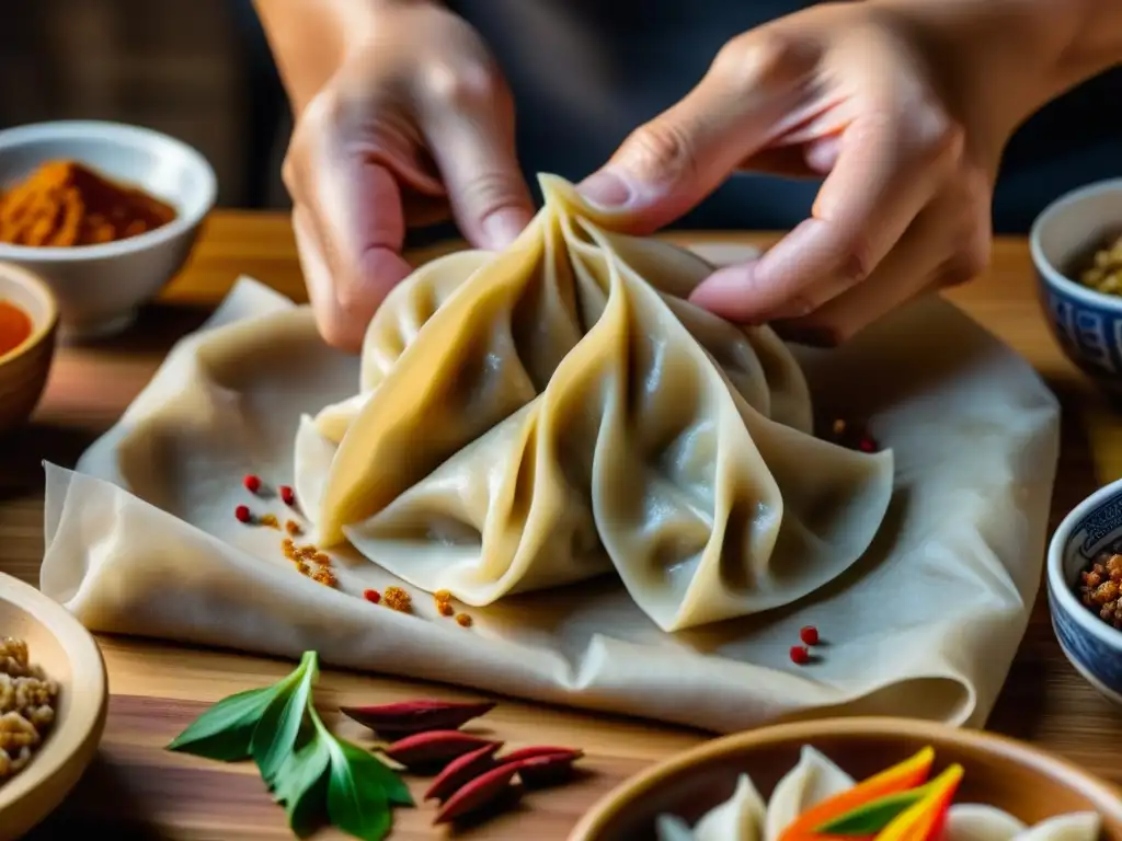 Un bodegón detallado de manos envolviendo un dumpling chino rodeado de ingredientes asiáticos en una mesa europea