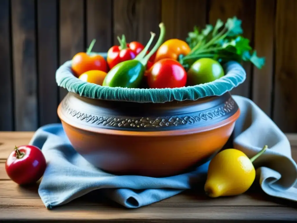 Un bodegón de frutas y verduras frescas en una olla de barro, cubierta con un paño húmedo, destaca los métodos ancestrales de refrigeración natural