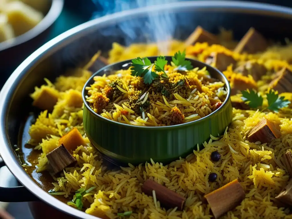 Un bodegón de un potente y aromático biryani, con capas coloridas y vapor ascendente