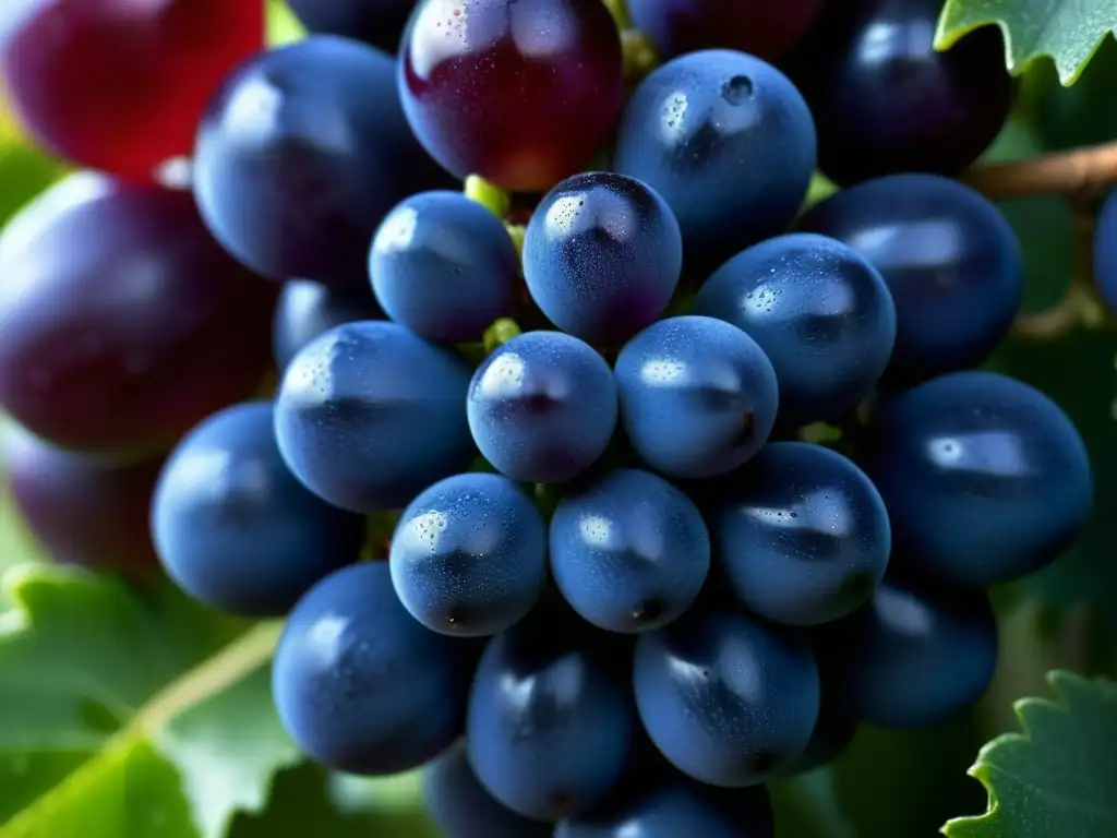 Bodegón de uvas moradas relucientes con gotas de rocío, mostrando sus venas en detalle