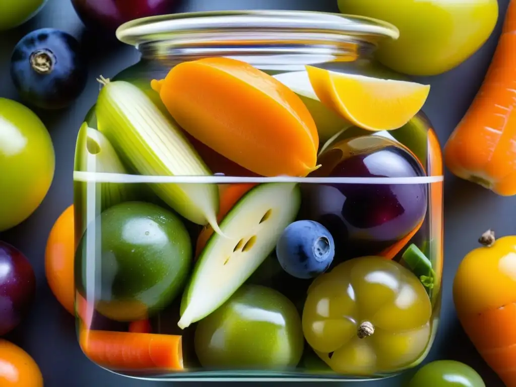 Un bodegón de vegetales y frutas encurtidos en un tarro de cristal, destacando la variedad de colores y texturas en un escabeche dulce y ácido