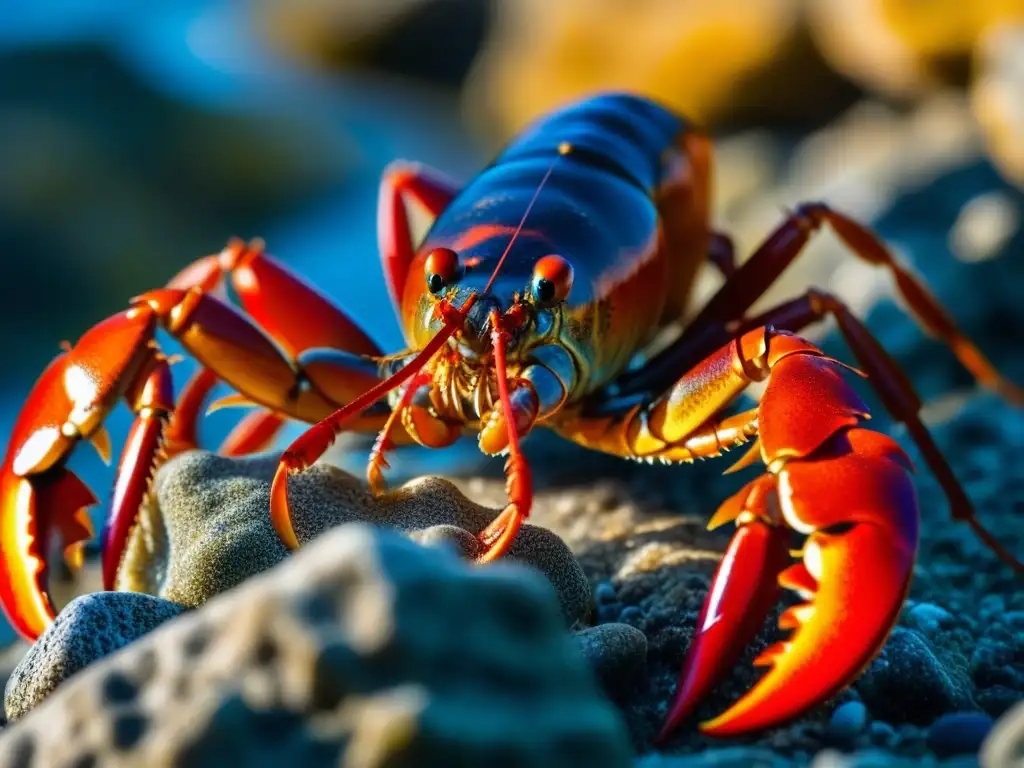 Un bogavante americano rojo explorando las costas europeas, con detalles y colores impresionantes