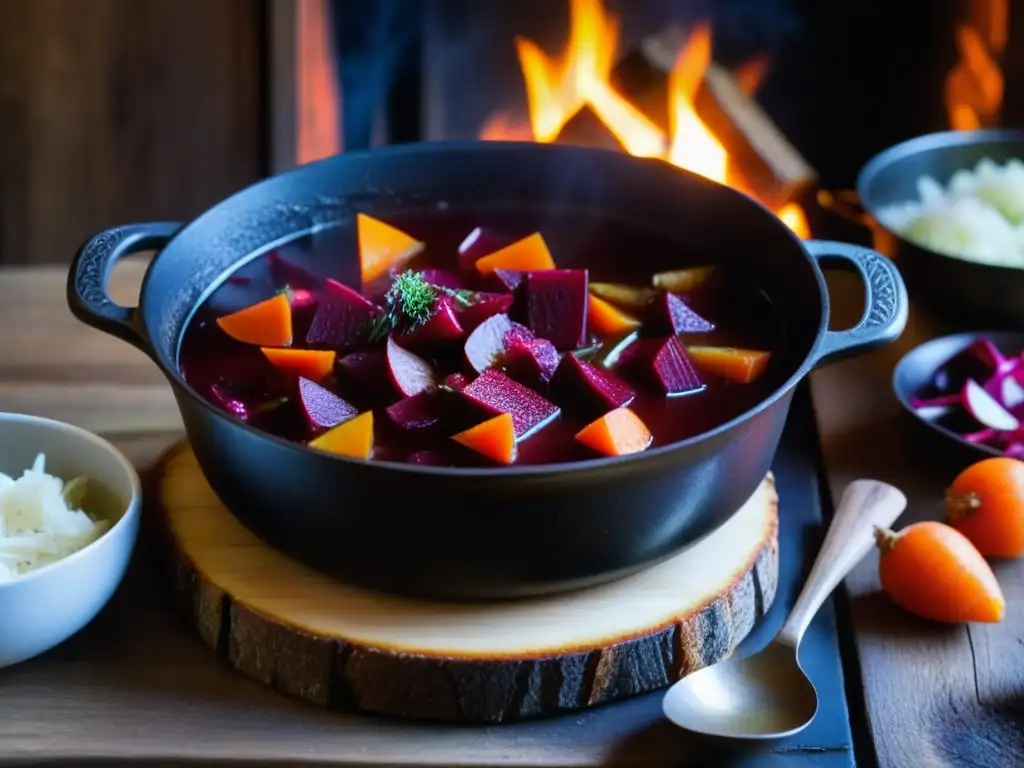 Un borsch ruso tradicional burbujeando en una olla de hierro sobre fuego, con verduras brillantes en caldo rico