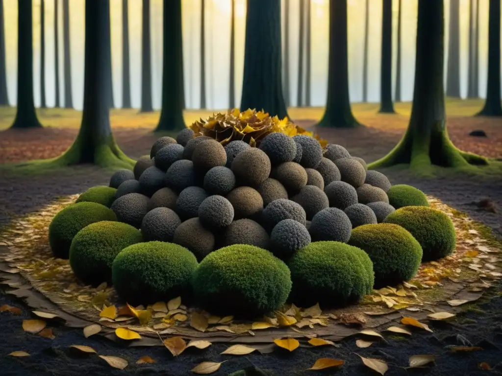 Un bosque misterioso al atardecer con trufas negras brillantes en leyendas históricas culinarias