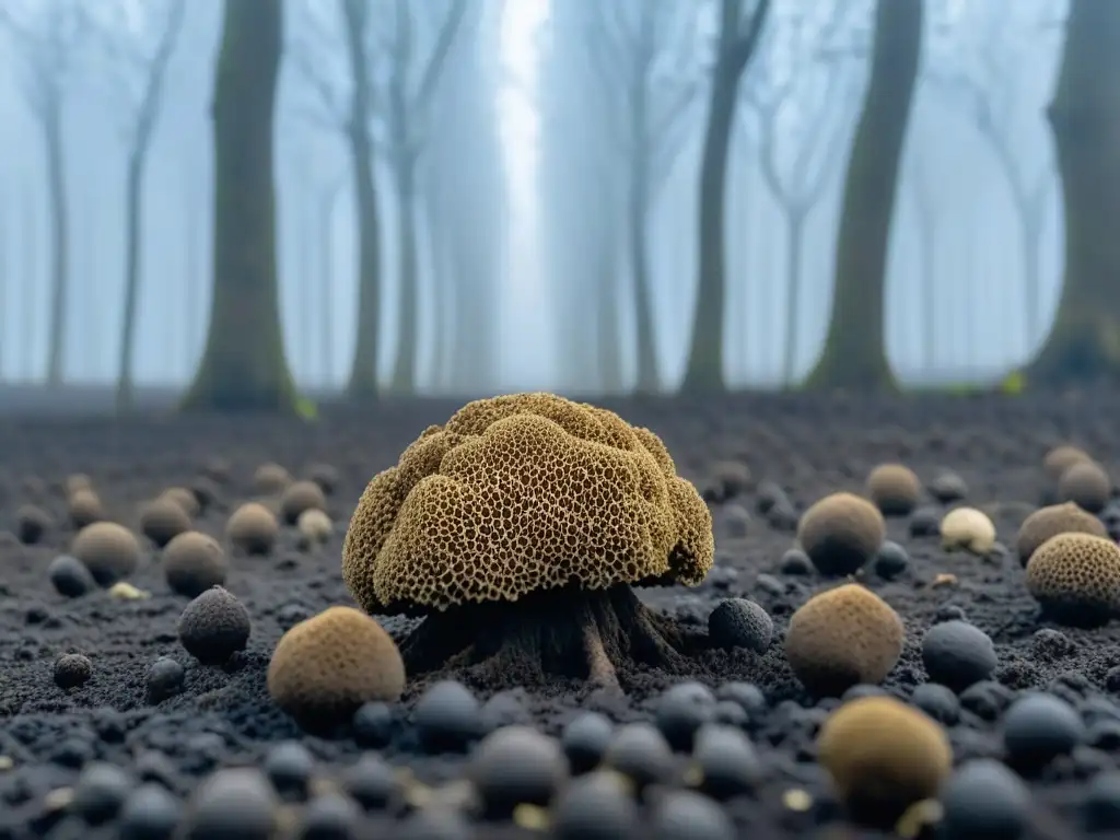 Un bosque de trufas en la niebla matutina, mostrando raíces, gotas de agua y una trufa madura