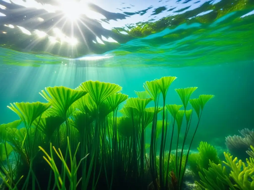 Un bosque vibrante de algas marinas verdes se mece suavemente en aguas cristalinas, mostrando detalles intrincados de sus frondas y vesículas de aire