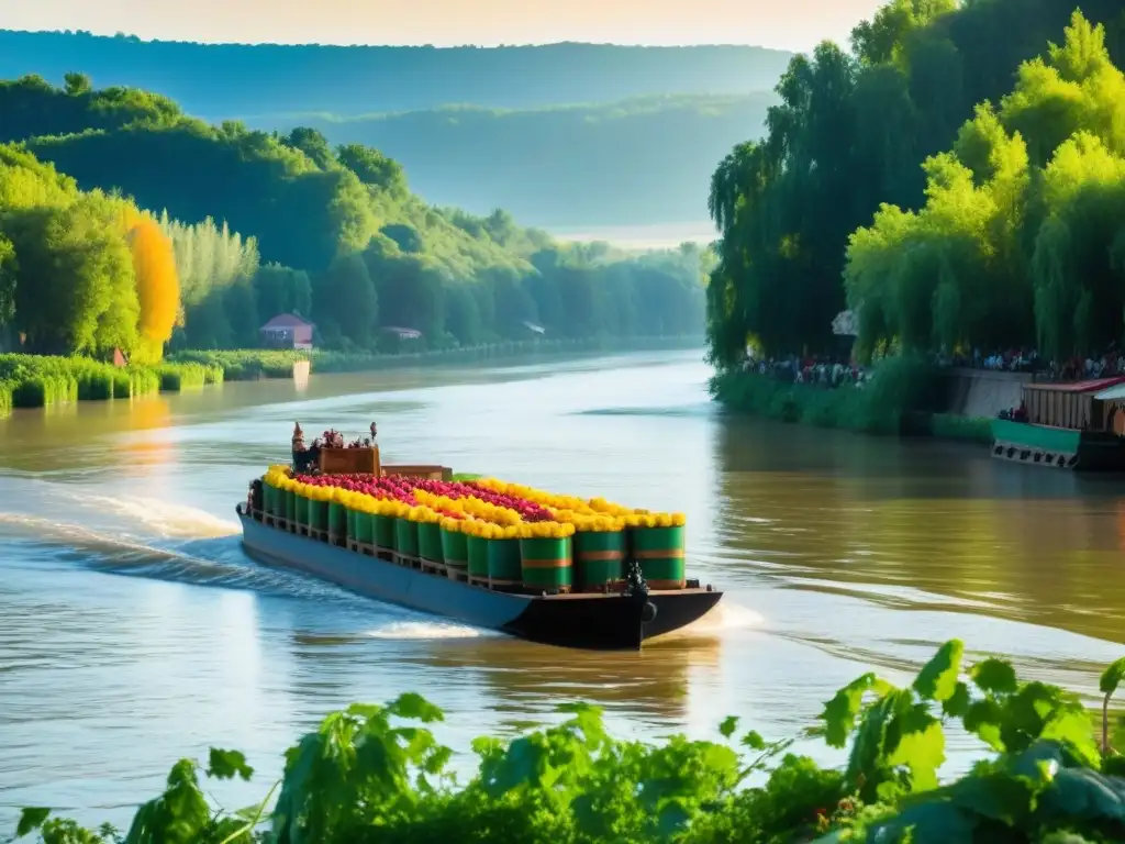 Un bote cargado de vinos y productos frescos flota en el Danubio, resaltando la gastronomía del Imperio Austrohúngaro