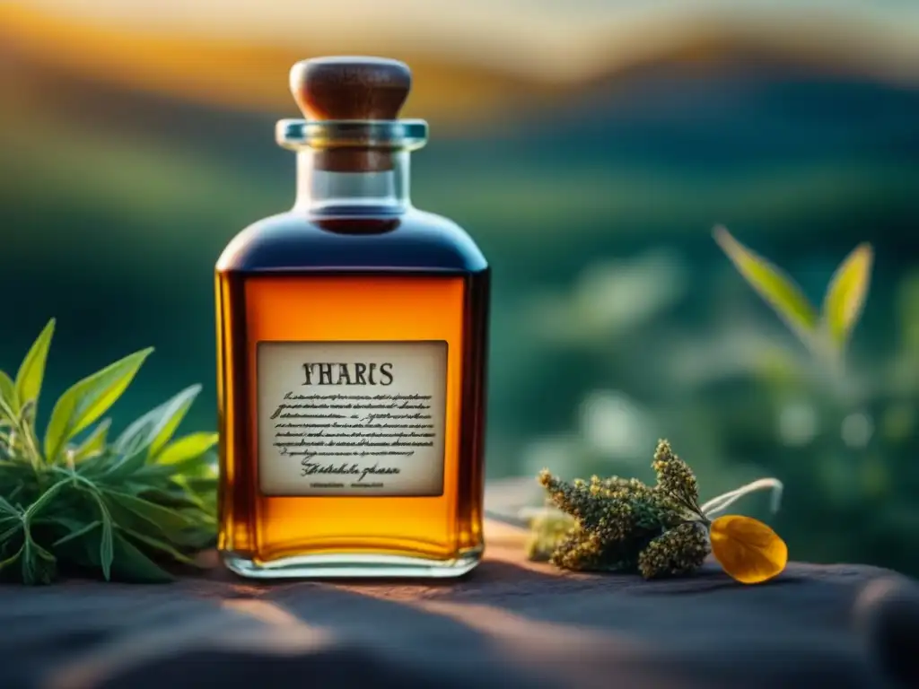 Botella de vidrio artesanal con elixir ámbar y hierbas secas Botella de vidrio con líquido ámbar rodeada de hierbas secas, recreando historia de licores y medicinas en culturas antiguas