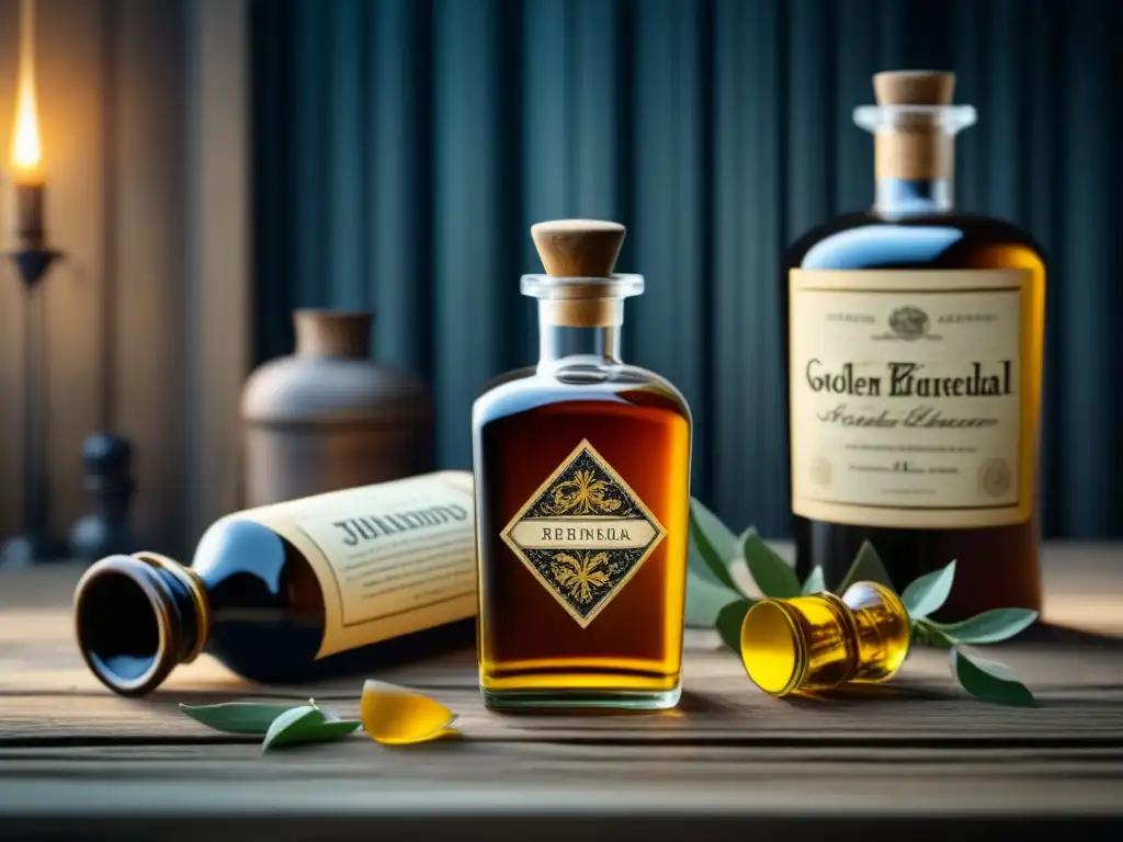 Botella de licor dorado en apotecario vintage Una botella vintage de licor herbal medicinal, con etiquetas en latín, sobre madera envejecida