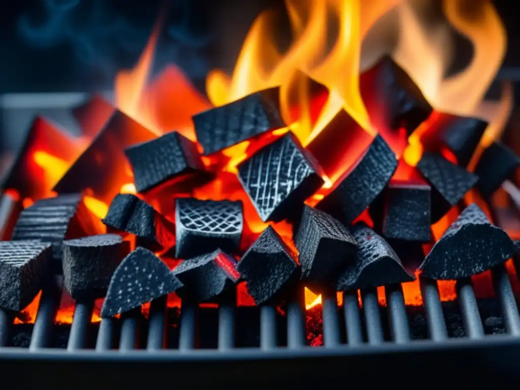 Brasas ardientes en parrilla de carbón, con humo suave, captura esencia de Cocina con carbón en historia