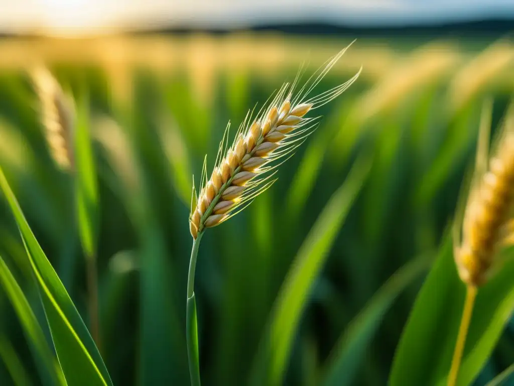 Brillante trigo dorado mecido por el viento, detallando la transformación agricultura trigo historia